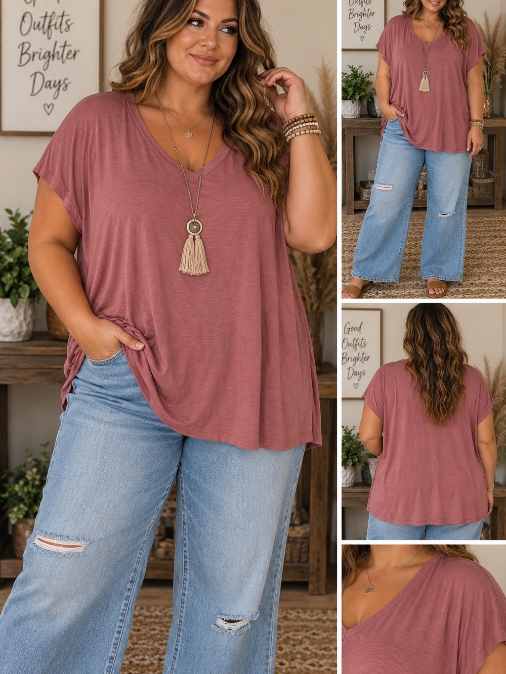 Maurices Dusty Rose V‑Neck Short Sleeve Tee